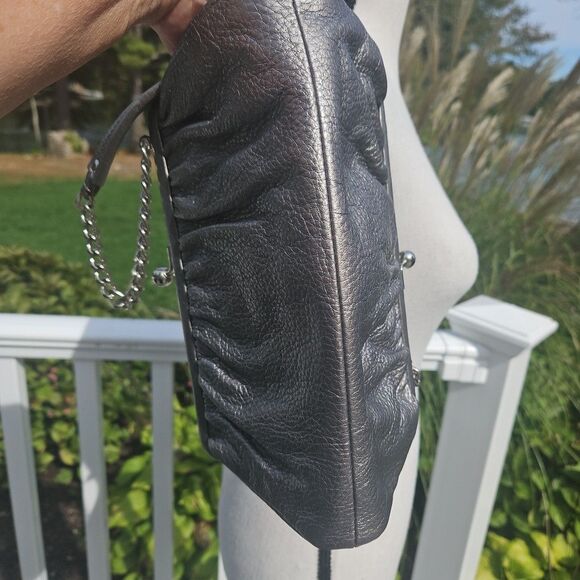 Talbots Metallic Grey Pewter shoulder bag chain strap pebbled leather kisslock - Picture 8 of 11